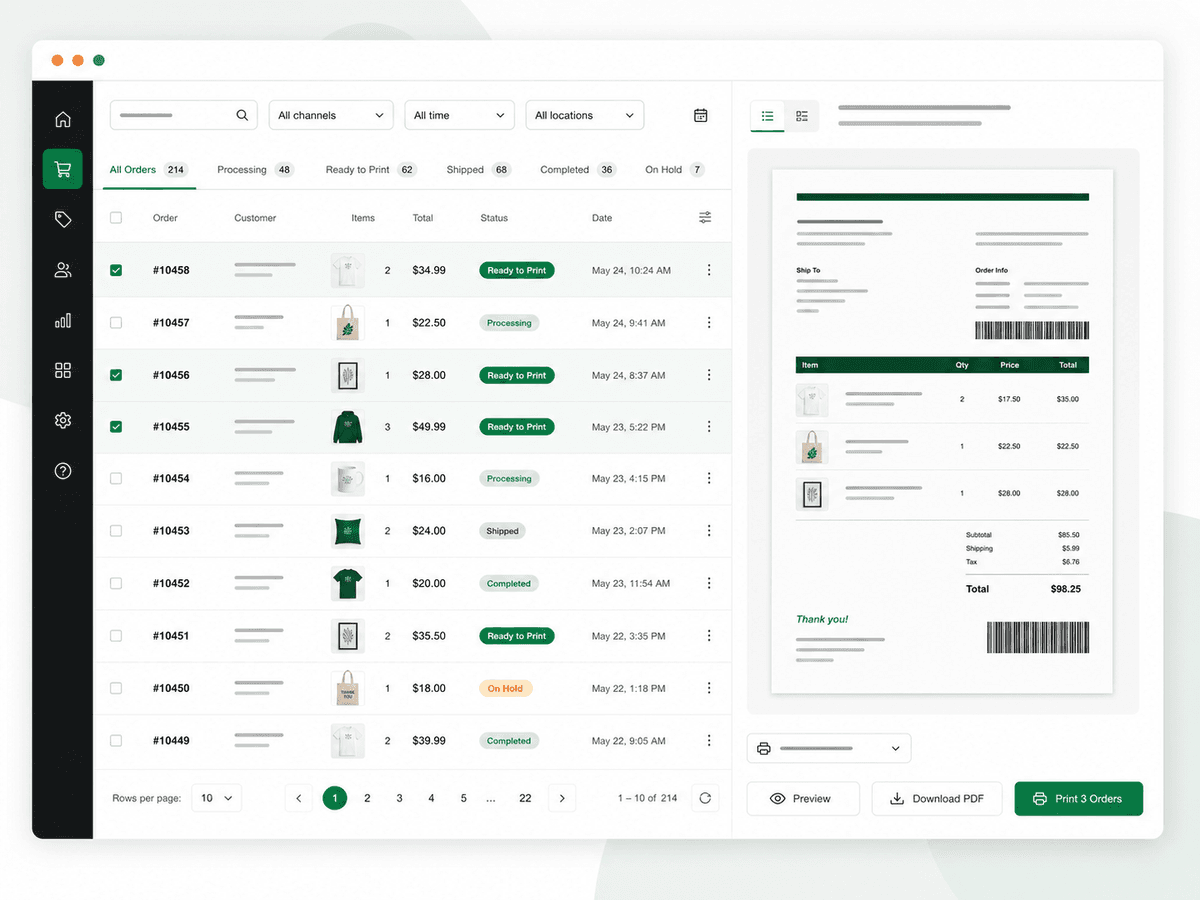 ZIDER PrintOps order queue with print-ready document preview