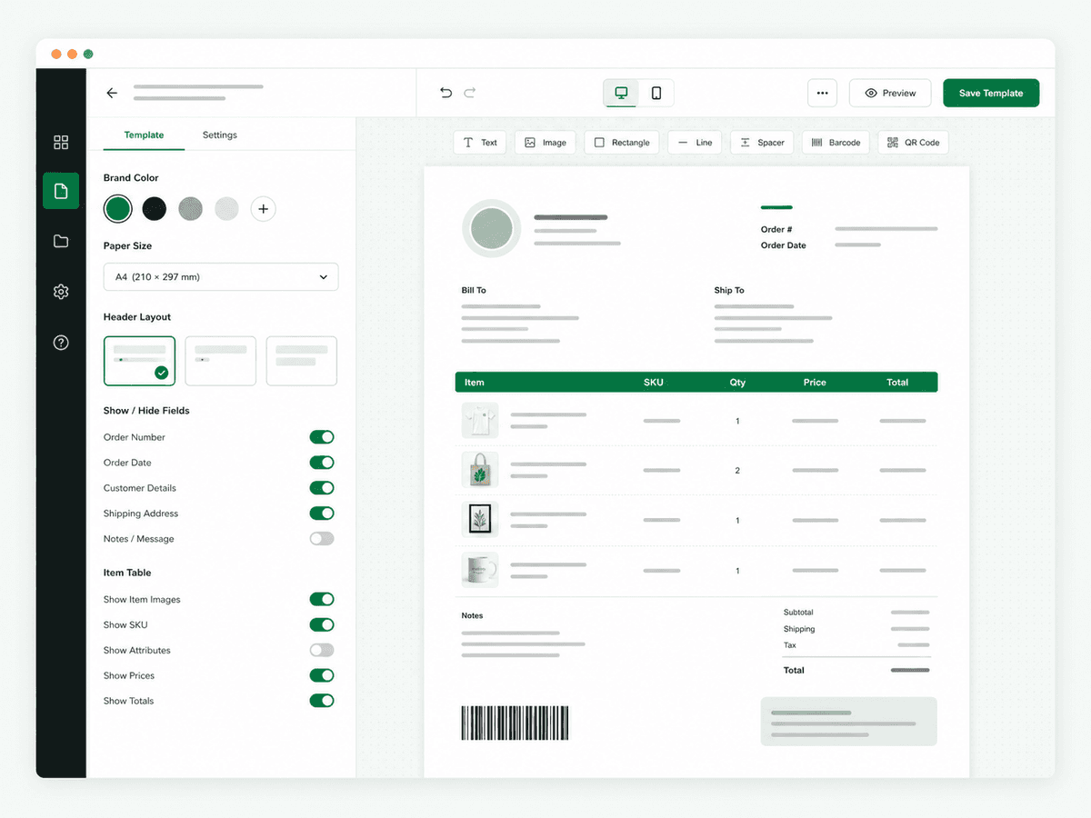 ZIDER PrintOps template editor with branding and field controls