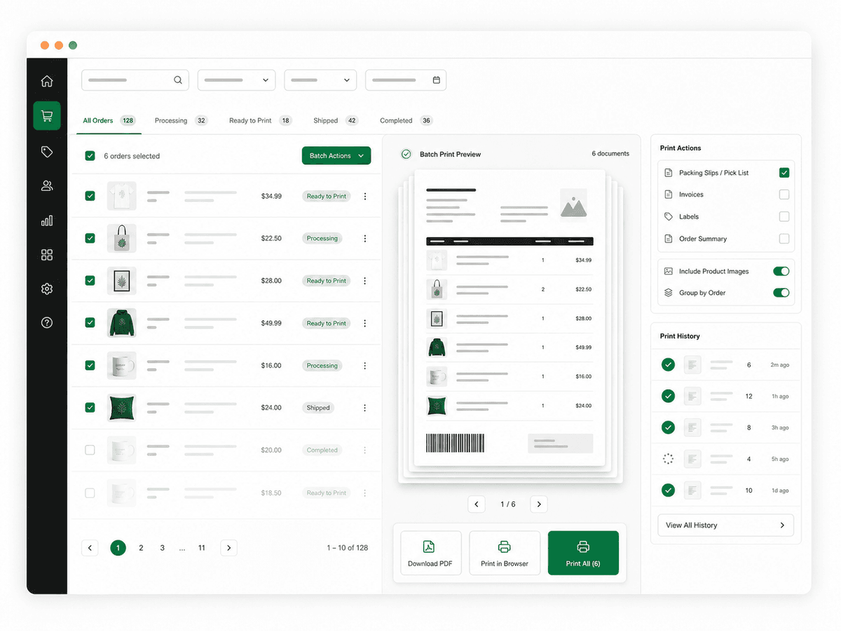 ZIDER PrintOps batch print preview with multiple order documents